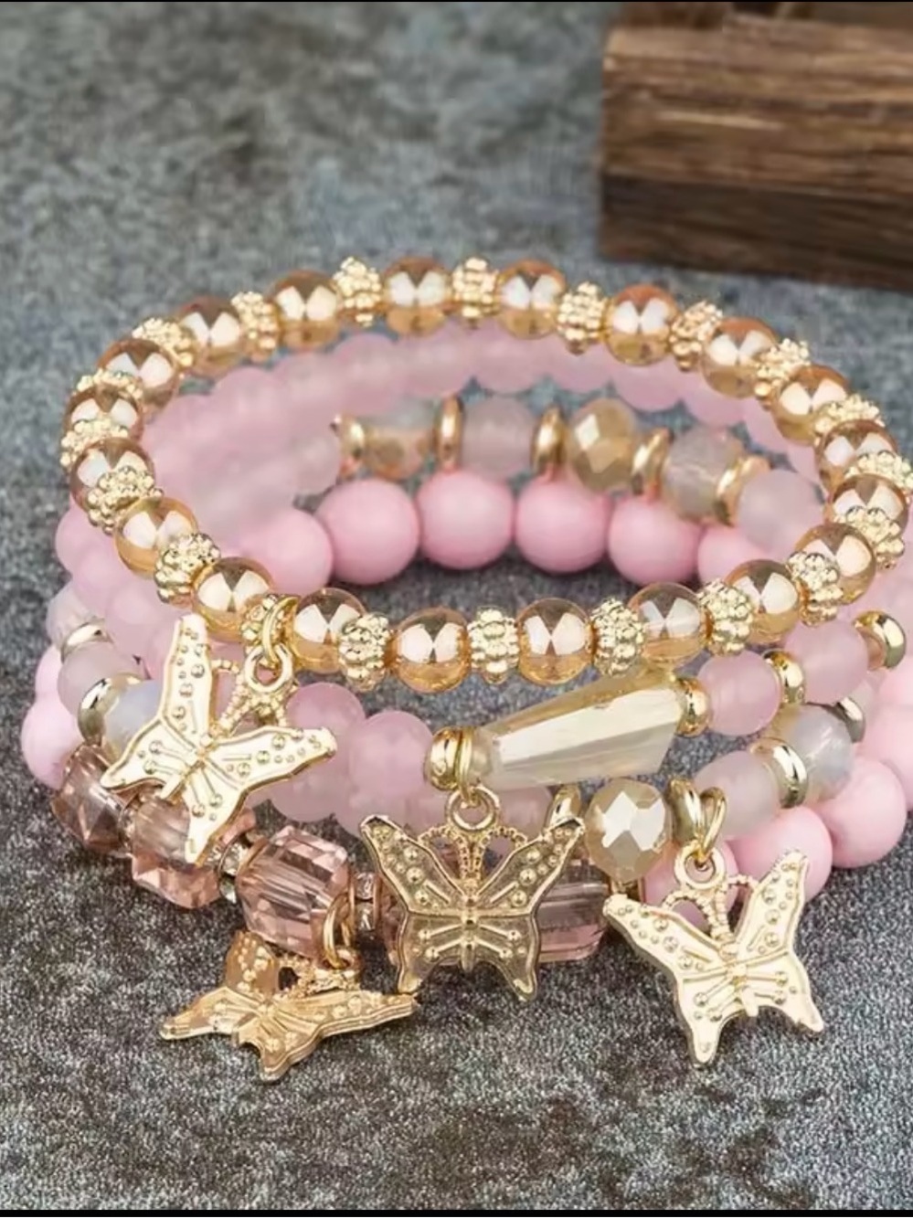 4 pieces Gold & Pink Butterfly Charm Beaded Bracelet Stack - Women Jewelry